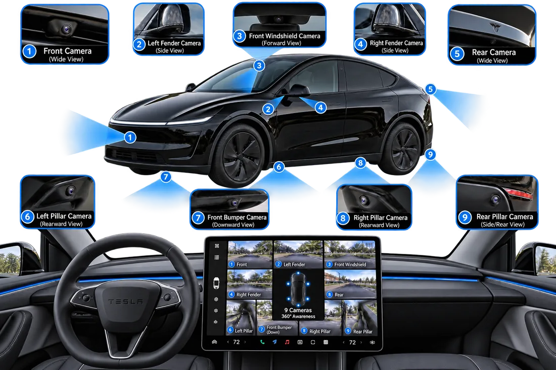 Diagram of the nine exterior cameras and the 360-degree camera view on the center screen