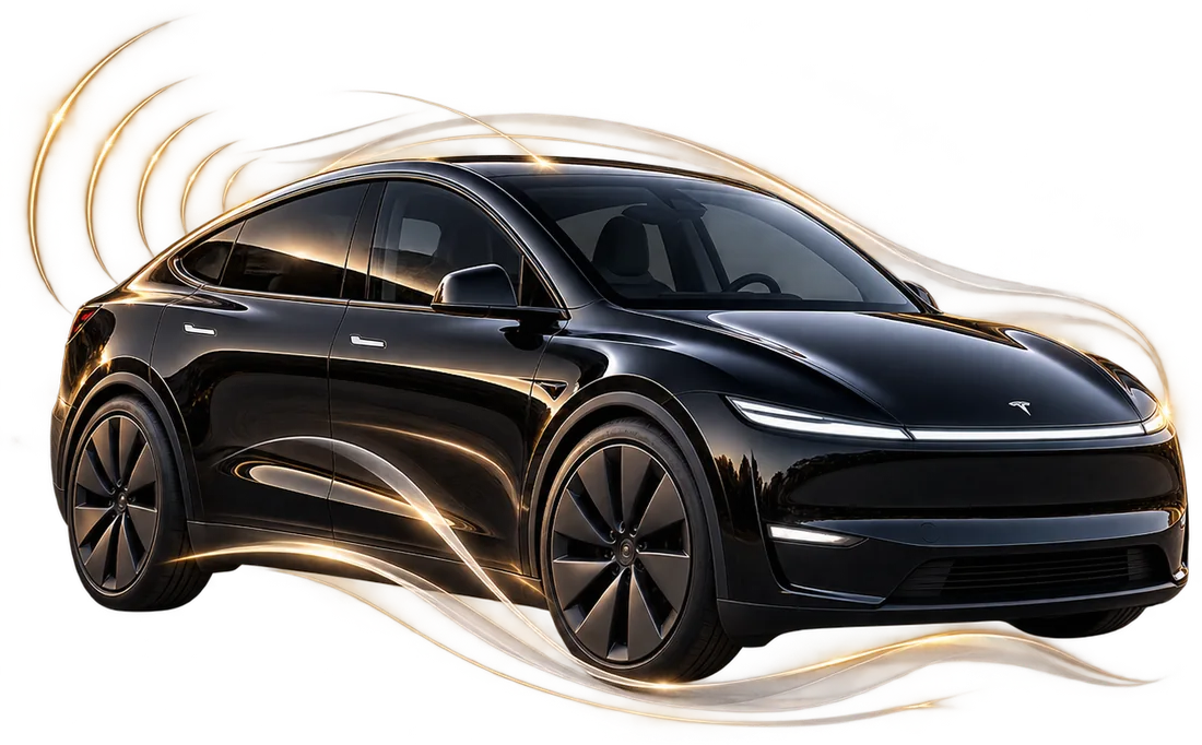 Black Tesla Model Y gliding with soft light trails suggesting a smooth, quiet electric ride