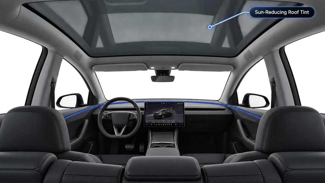 Cabin view through the tinted panoramic roof that reduces heat and glare