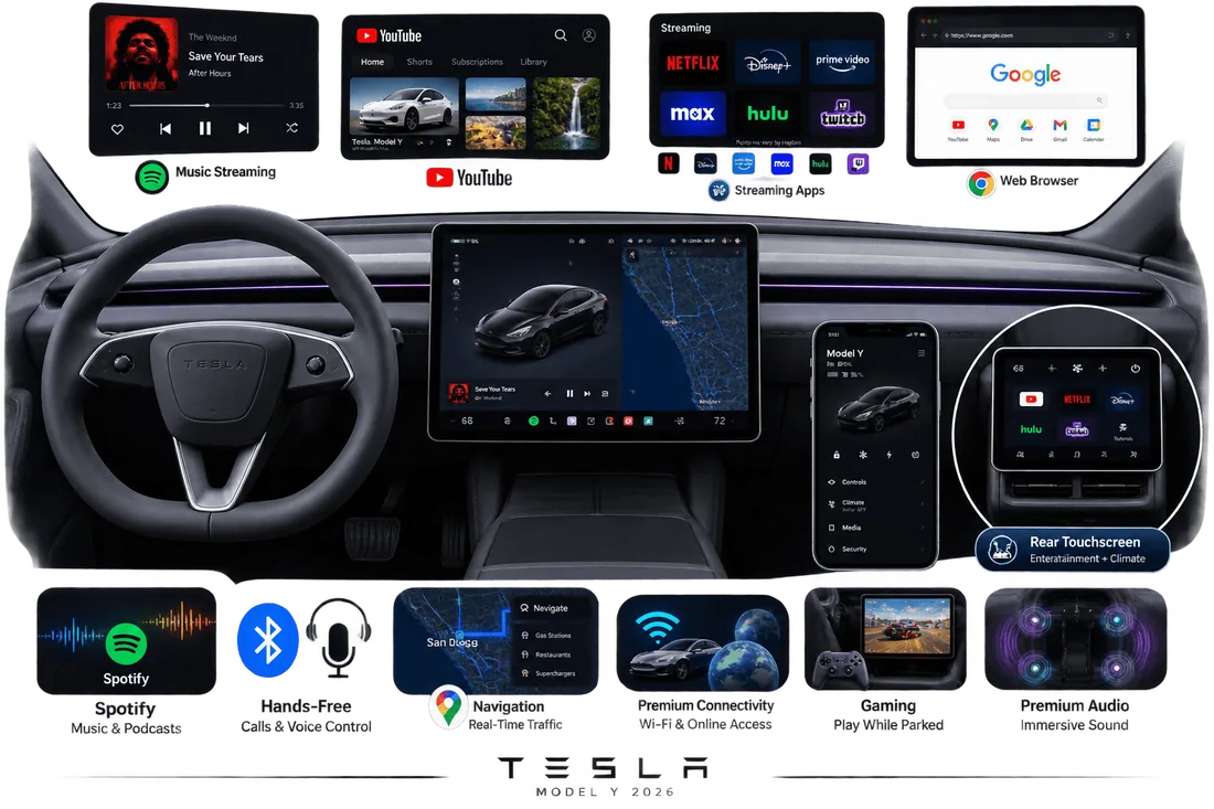 Tesla Model Y screens showing streaming apps, navigation, and entertainment features