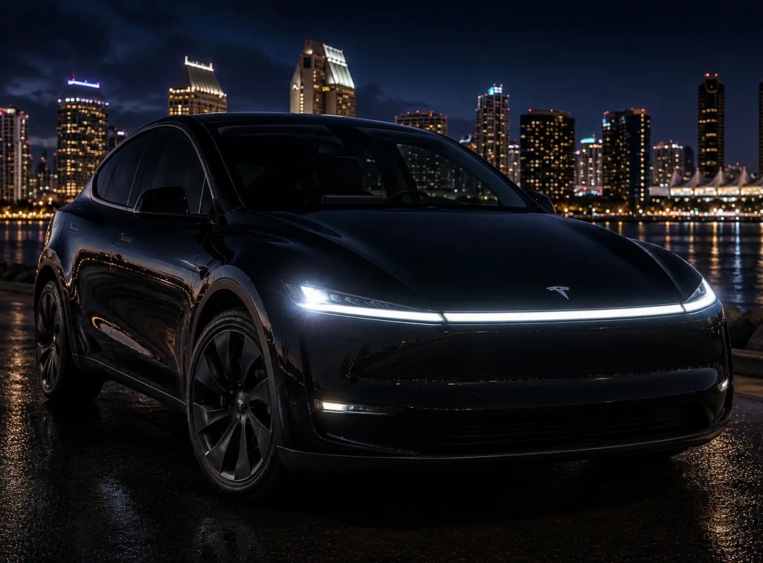 Black Tesla Model Y at night with the San Diego skyline