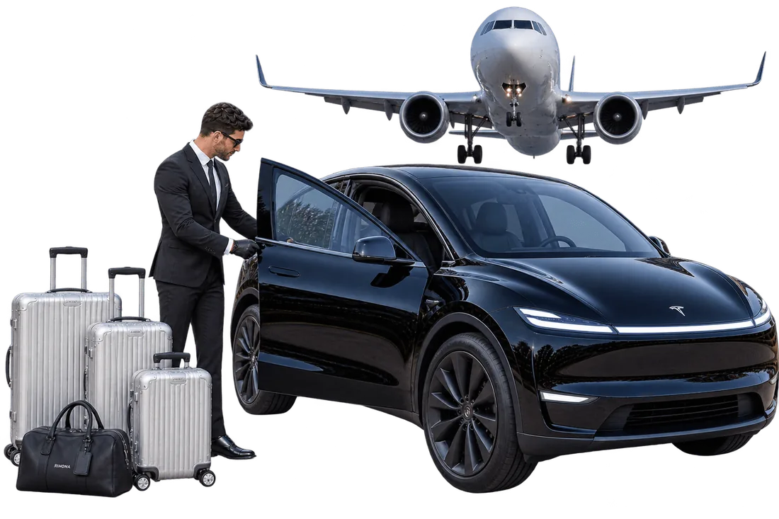Chauffeur loading luggage into the Tesla Model Y for an airport transfer