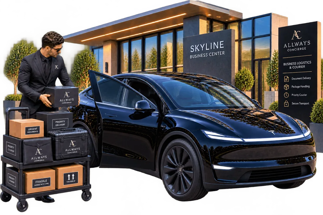 Chauffeur handling business courier packages beside the Tesla Model Y