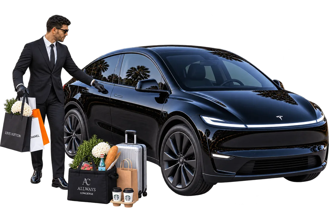 Chauffeur assisting with shopping bags and luggage beside the Tesla Model Y