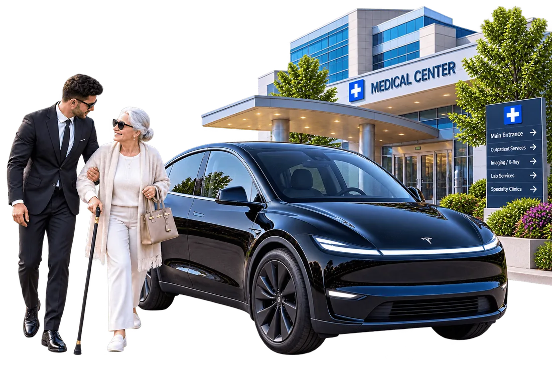 Chauffeur escorting a client to a medical center appointment