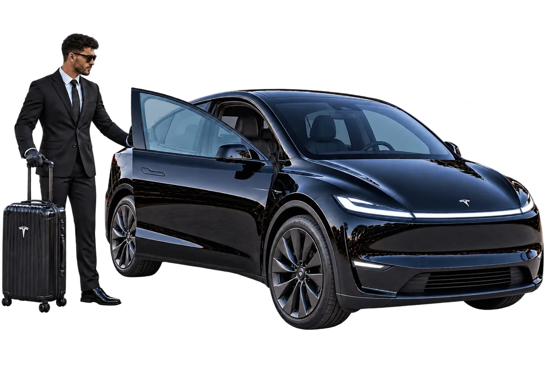 AllWays Concierge chauffeur with luggage beside the Tesla Model Y