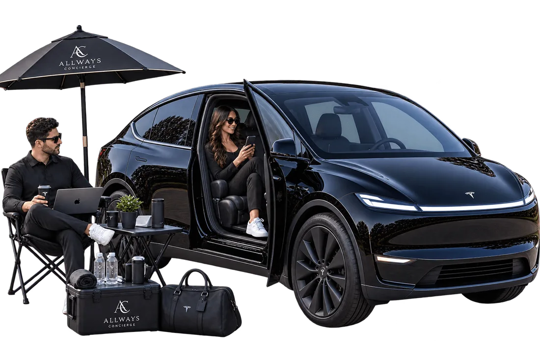 Chauffeur waiting curbside with a laptop while a client steps out